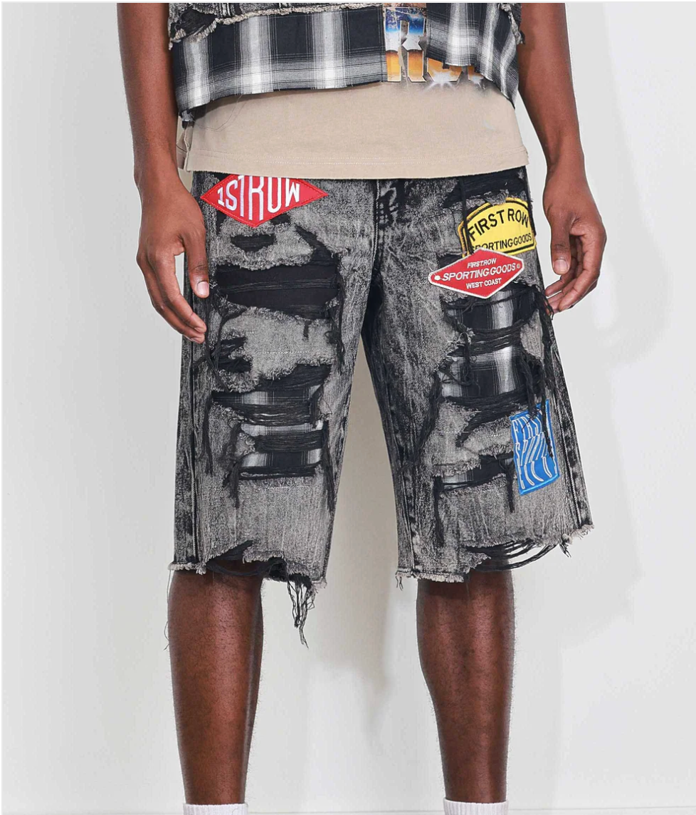 First Row - Denim Jorts with Patches Cut Off